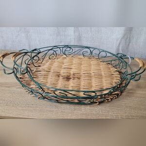 Two Vintage Woven Rattan and Green Metal Serveware Trays